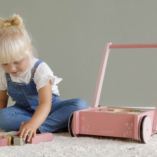 Little Dutch Wózek z klockami Róż Flowers 12m+