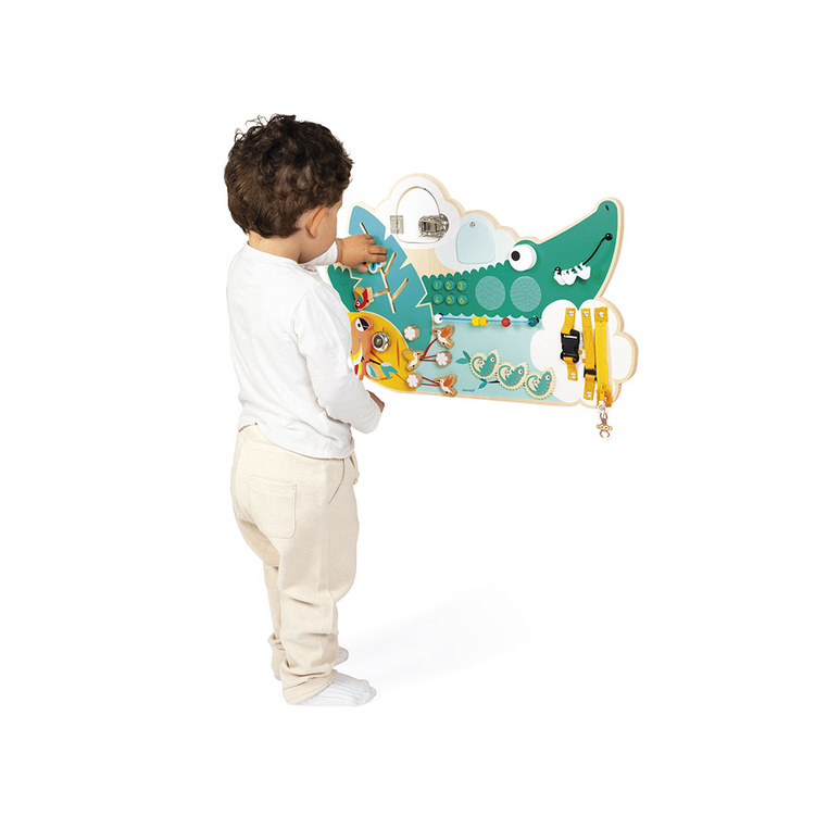 Janod Duża drewniana tablica manipulacyjna 14 aktywności Krokodyl Tropik 18m+