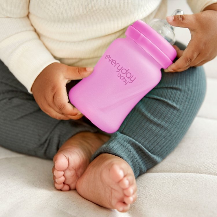 Everyday Baby, Szklana butelka ze smoczkiem S reagująca na temperaturę, 150 ml - wiśniowa