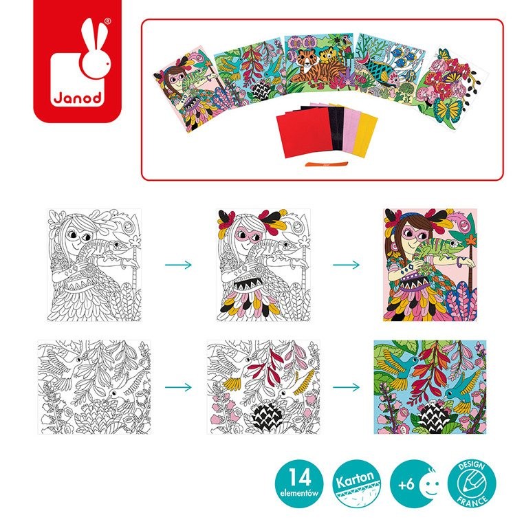 Janod Zestaw Kreatywny Aksamitne Karty Tropikalna Dżungla 6+