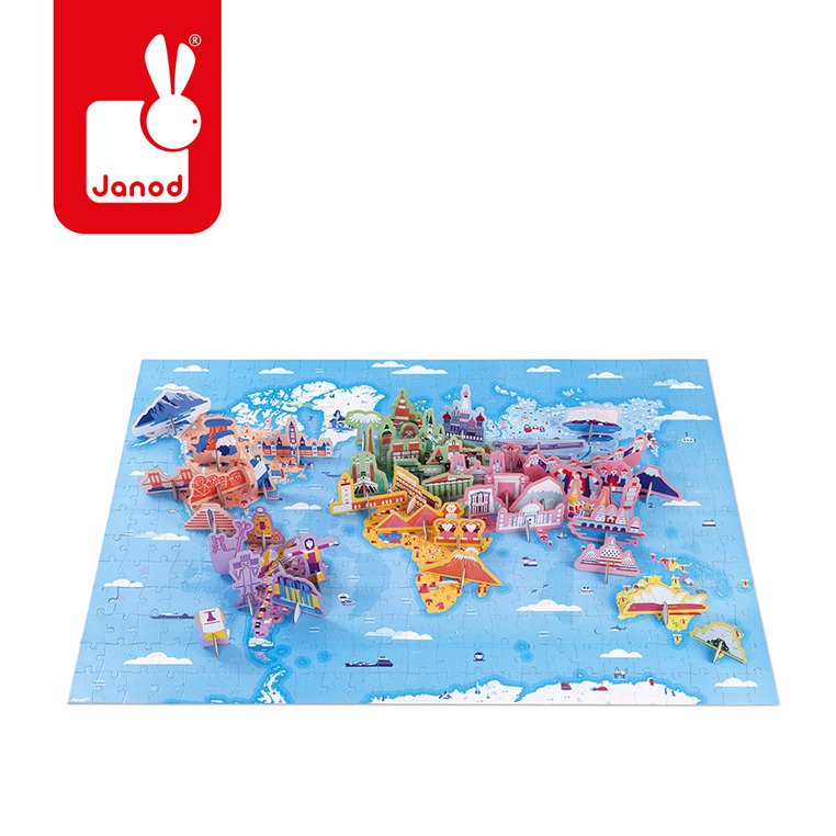 Janod, Puzzle edukacyjne z figurkami 3D Cuda świata 350 elementów 7 +