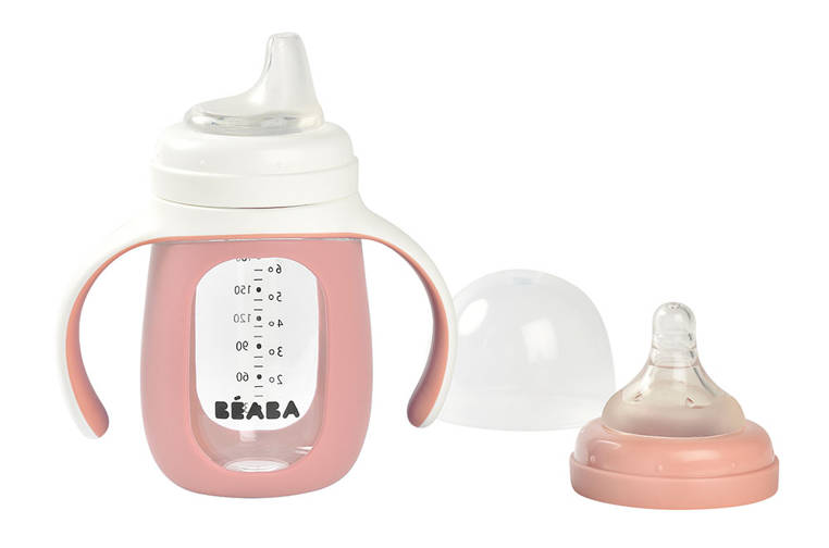 Beaba Szklana butelka treningowa 2w1 210 ml Old pink 4m+