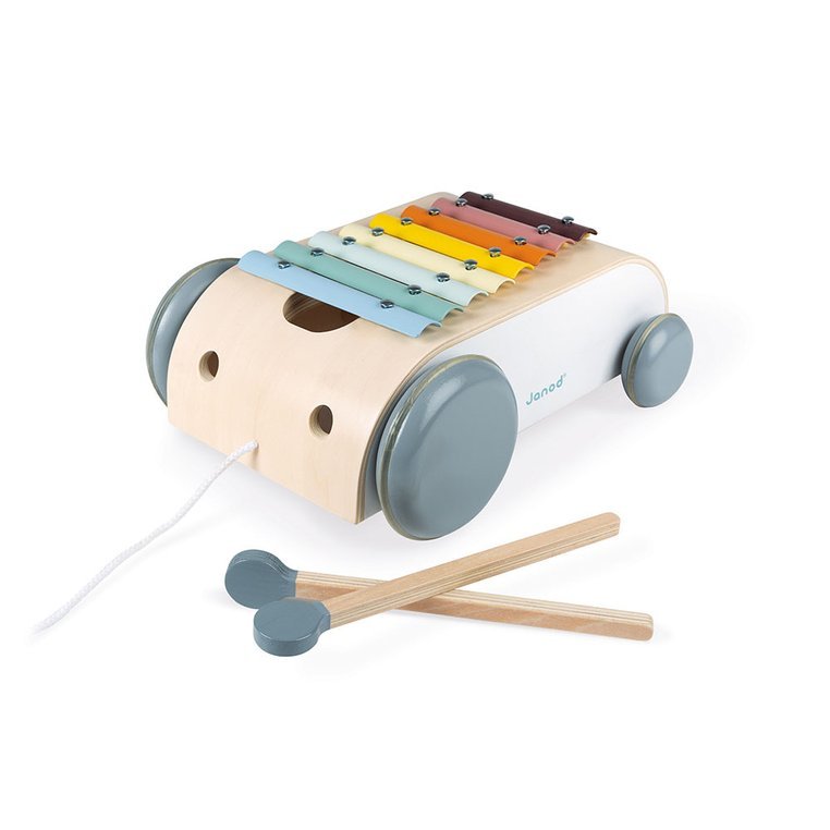 Janod, Wózek drewniany cymbałki do ciągnięcia 8 tonów Sweet Cocoon