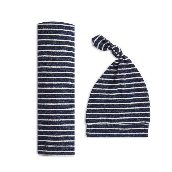 Aden & Anais Kocyk i Czapeczka Snuggle Knit Navy Stripe 0-3m