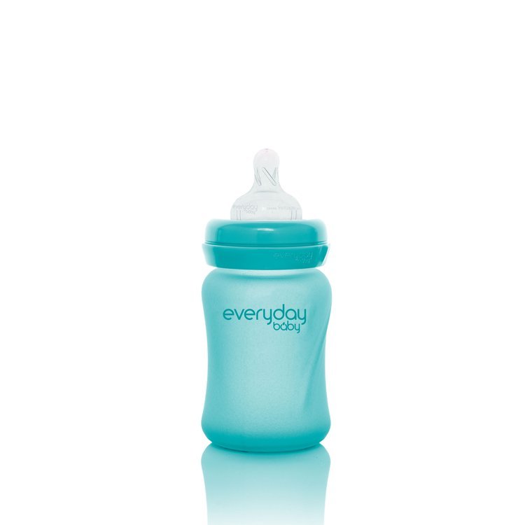 Everyday Baby, Szklana butelka ze smoczkiem S reagująca na temperaturę, 150ml - turkusowa