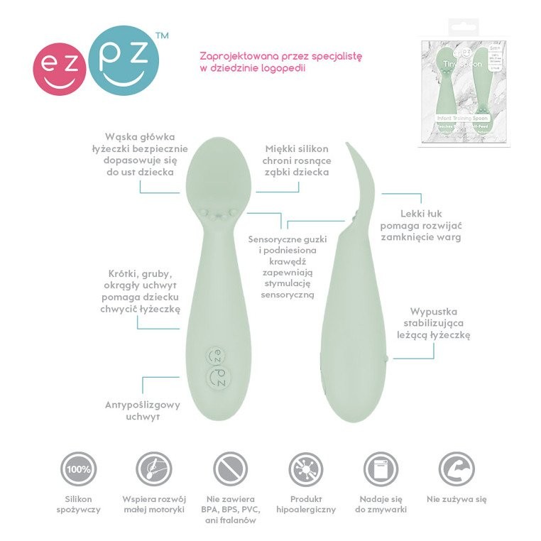 EZPZ Silikonowa łyżeczka Tiny Spoon 2 szt. pastelowa zieleń 6m+