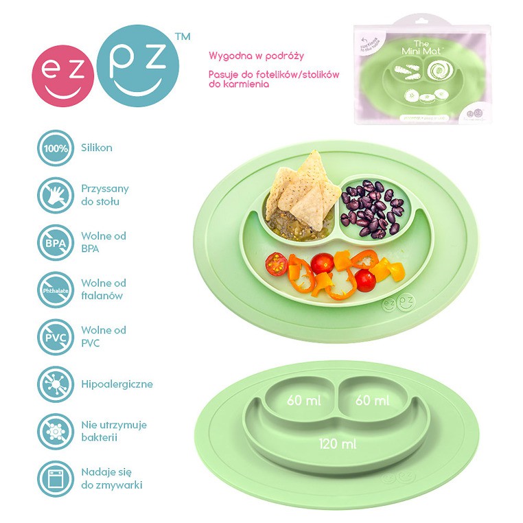 EZPZ, Silikonowy talerzyk z podkładką mały 2w1 Mini Mat pastelowa zieleń