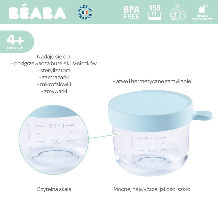Beaba Pojemnik słoiczek szklany 150 ml light blue