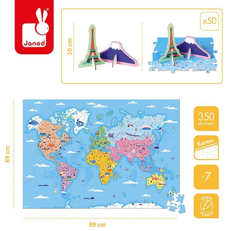 Janod, Puzzle edukacyjne z figurkami 3D Cuda świata 350 elementów 7 +