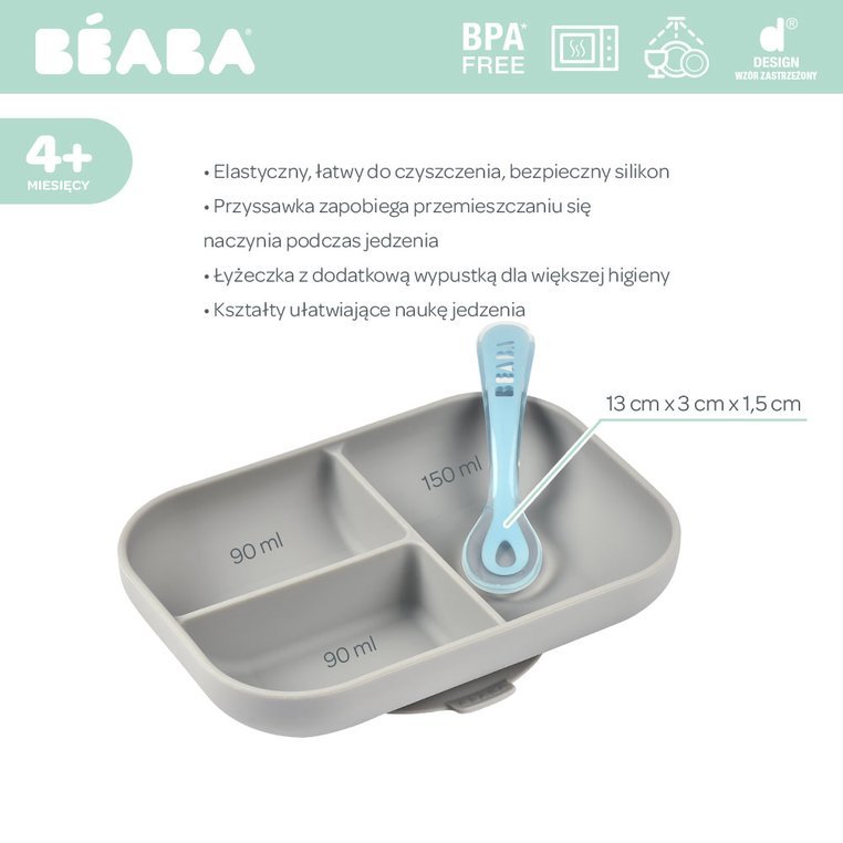Beaba Komplet naczyń silikonowy z przyssawką i łyżeczką szary 4m+