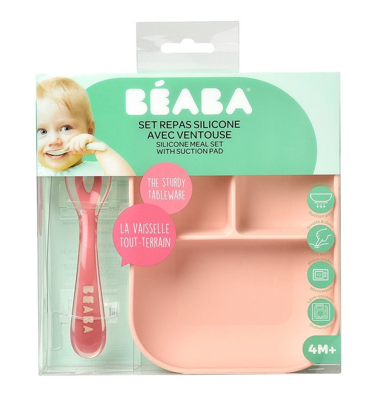 Beaba Komplet naczyń silikonowy z przyssawką i łyżeczką Różowy 4m+