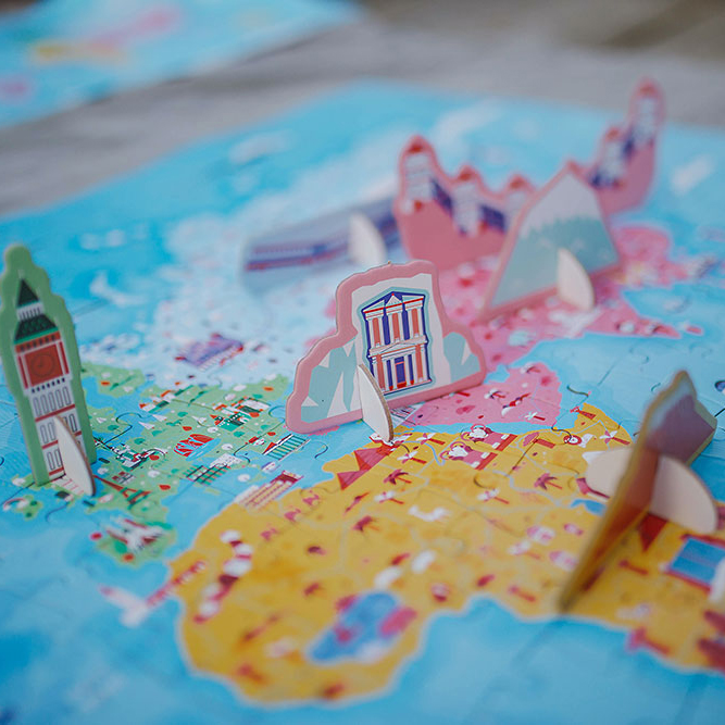 Janod, Puzzle edukacyjne z figurkami 3D Cuda świata 350 elementów 7 +