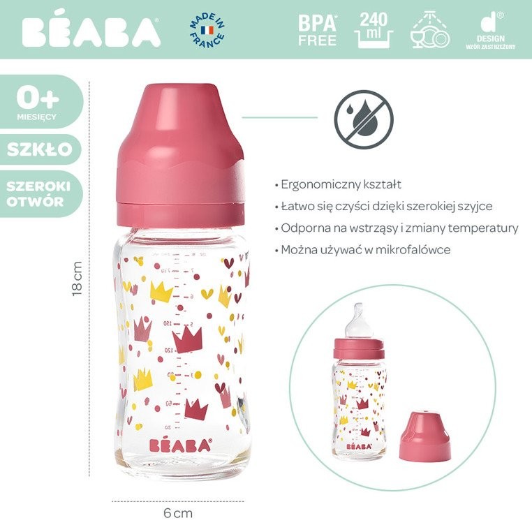 Beaba Butelka Szklana 240 ml Yellow/Pink Crown 0+