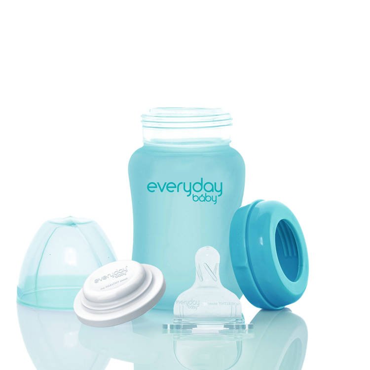 Everyday Baby, Szklana butelka ze smoczkiem S reagująca na temperaturę, 150ml - turkusowa