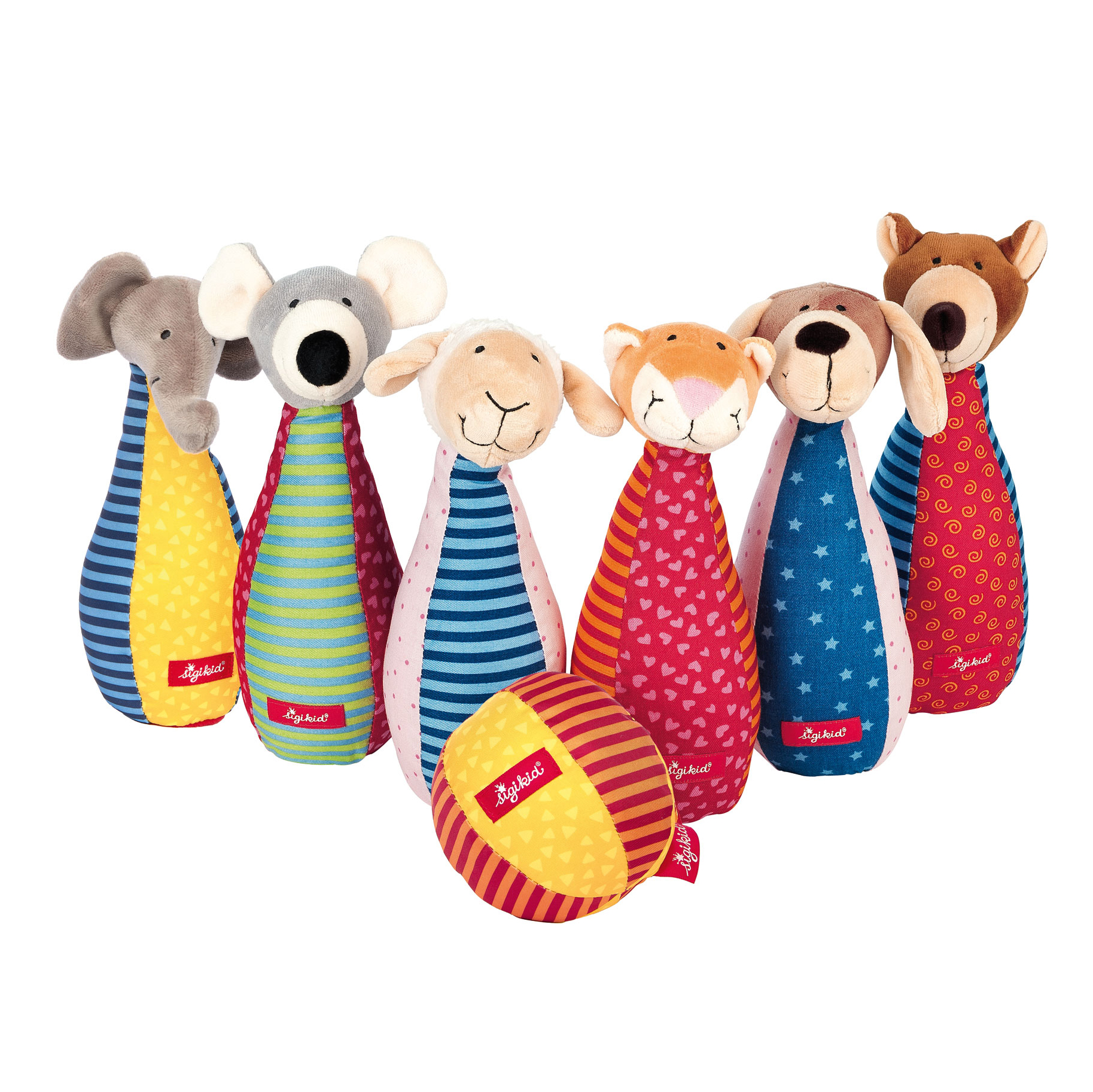 Zestaw miękkich kręgli dla dzieci – zabawka rozwojowa patchwork – sigikid