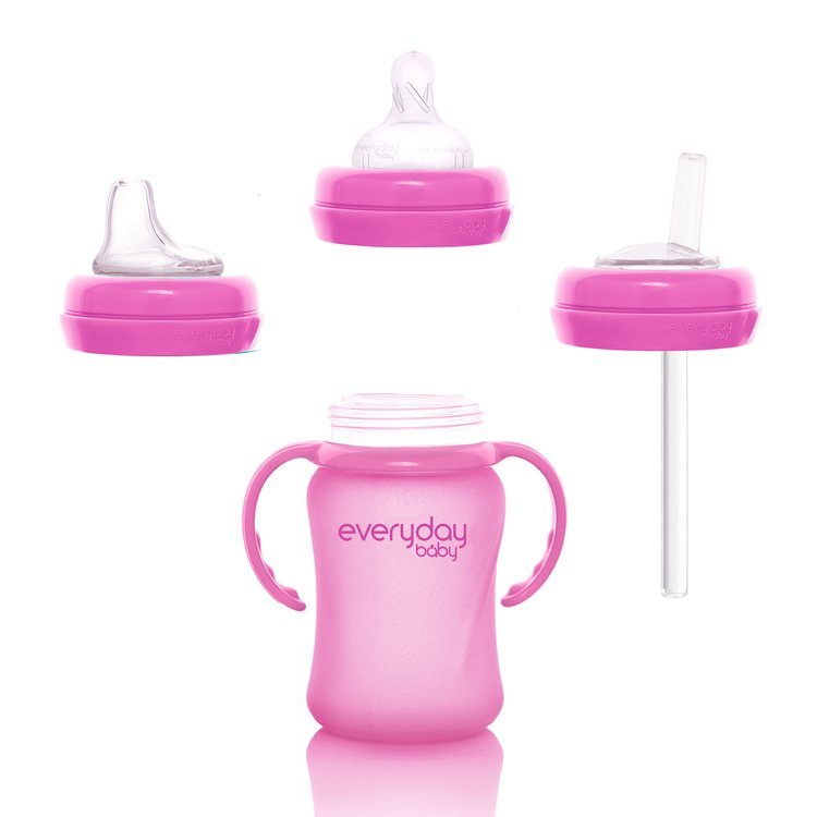 Everyday Baby, Szklana butelka ze smoczkiem S reagująca na temperaturę, 150 ml - wiśniowa