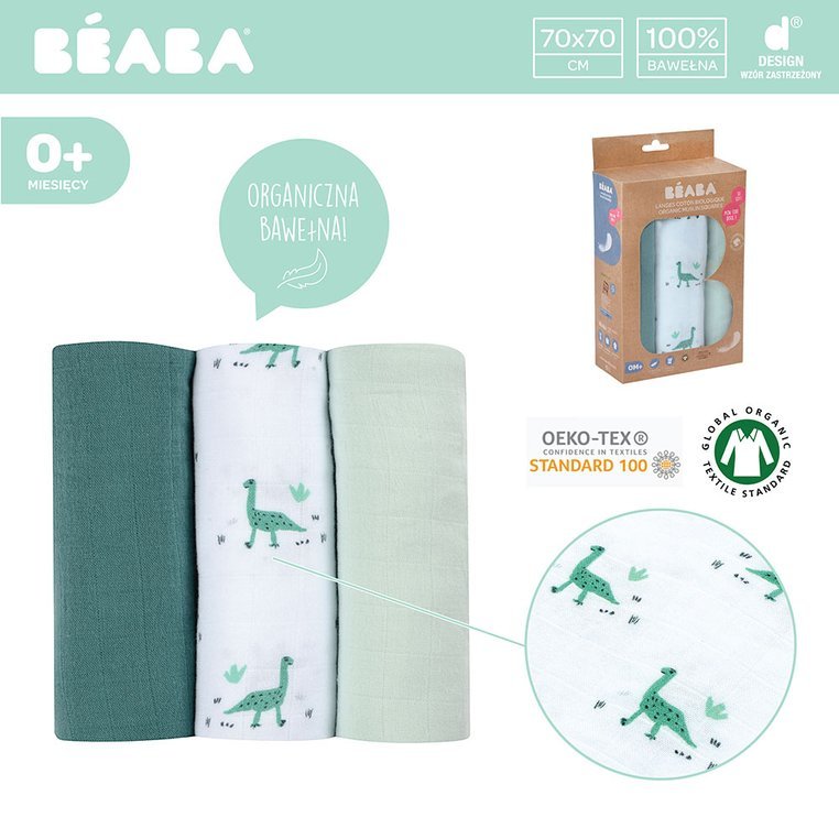 Beaba Muślinowe Pieluszki-Kocyki Organic 70x70cm 3szt Jurassic