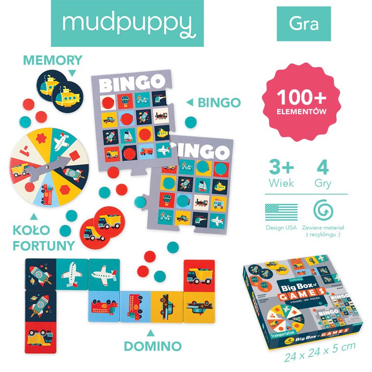 Mudpuppy Zestaw 4 gier Memo Bingo Domino Transport 3+