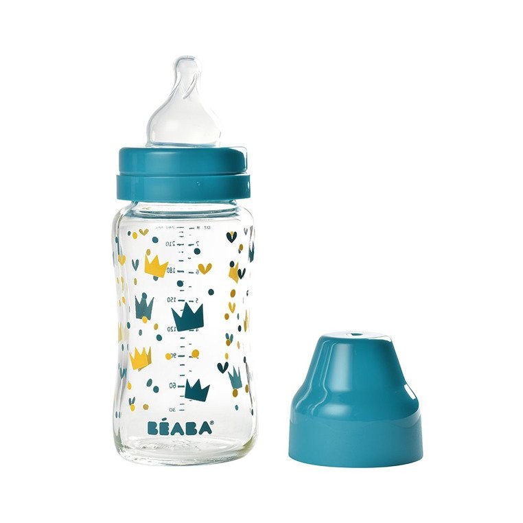 Beaba Butelka szklana 240 ml Yellow/Blue Crown 0m+