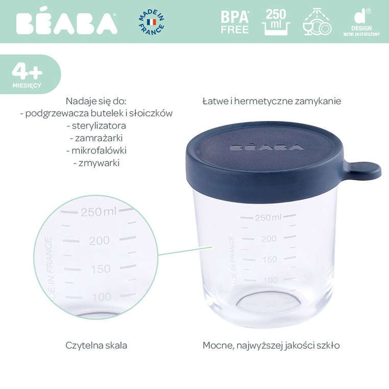 Beaba Pojemnik Szklany 250ml z Miarką - Hermetyczny | 4m+
