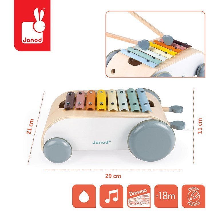 Janod, Wózek drewniany cymbałki do ciągnięcia 8 tonów Sweet Cocoon