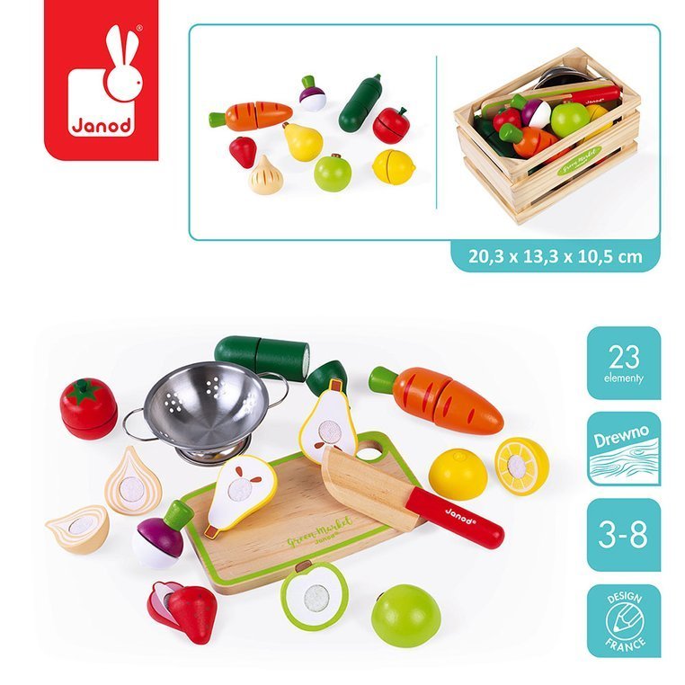 Janod Drewniana Skrzynka z Warzywami i Owocami do Krojenia 3+