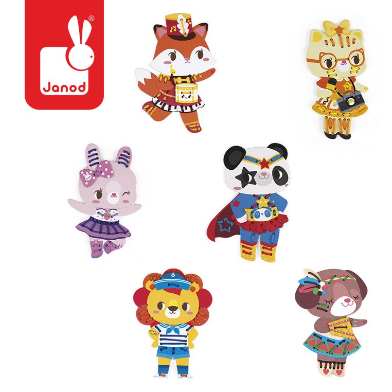 Janod Sznurowanka Kolorowe Zwierzątka 2+ | Drewniane Zabawki