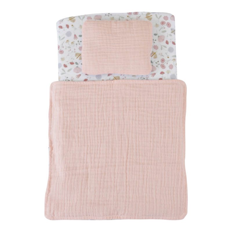 Drewniany wózek dla lalek z pościelą