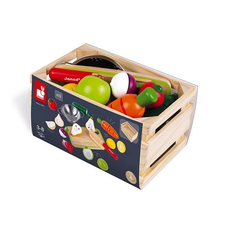 Janod Drewniana Skrzynka z Warzywami i Owocami do Krojenia 3+