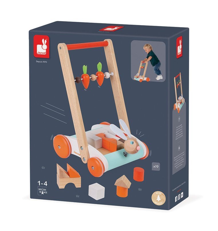 Janod Wózek pchacz Królik z 19 klockami 1+