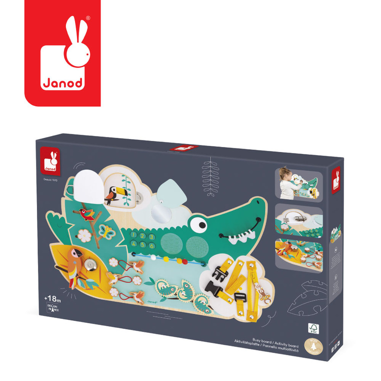 Janod Duża drewniana tablica manipulacyjna 14 aktywności Krokodyl Tropik 18m+