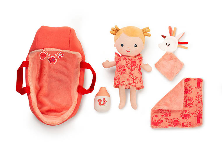 Lilliputiens – Lalka dzidziuś Lena w gondoli z komforterem i butelką mleka - 12 m+