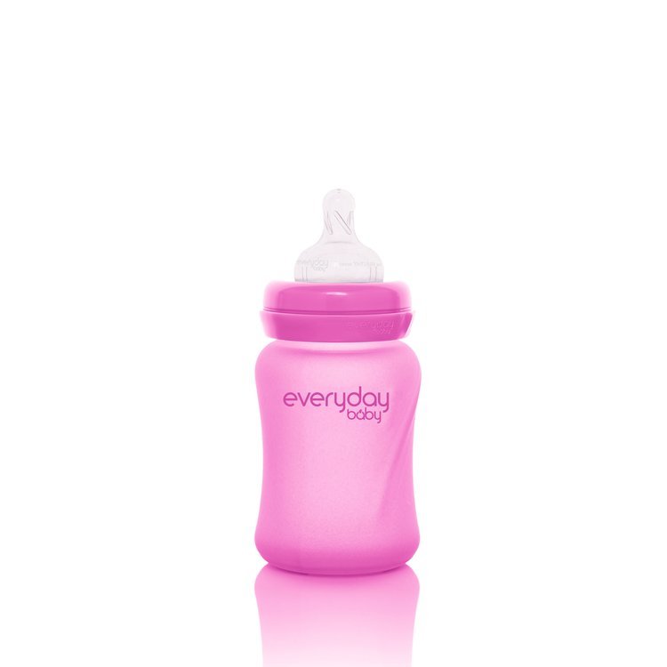 Everyday Baby, Szklana butelka ze smoczkiem S reagująca na temperaturę, 150 ml - wiśniowa