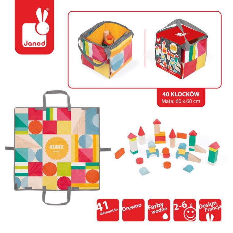 Janod Klocki Drewniane Kubix z Matą 40 el. 2+