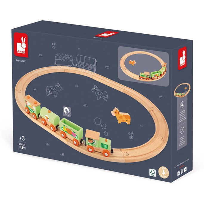 Janod Pociąg Drewniany z Torami Farma Story 3+ 15el