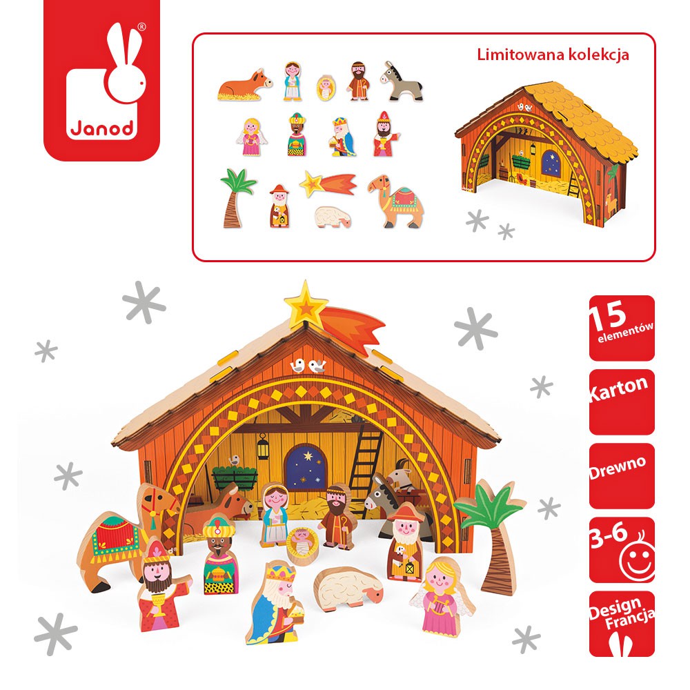 Janod Świąteczna Szopka Drewniana 15 el. 3+