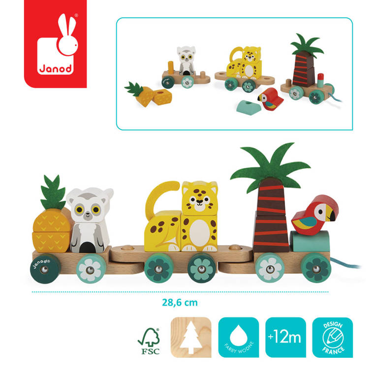 Janod Pociąg z klockami i zwierzątkami Tropik 12m+