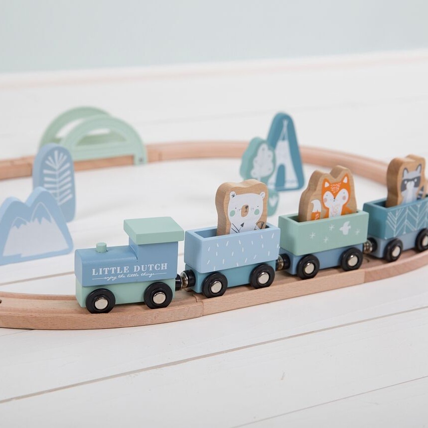 Little Dutch Pociąg z Torami Błękit - Drewniany 2+