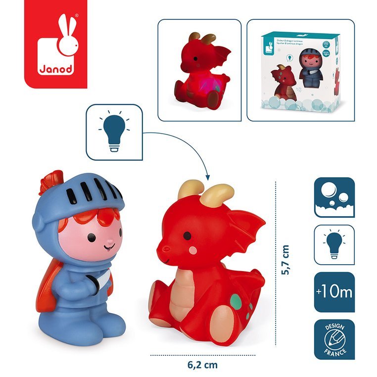 Janod, Zestaw figurek do kąpieli Rycerz i świecący smok 10 m+
