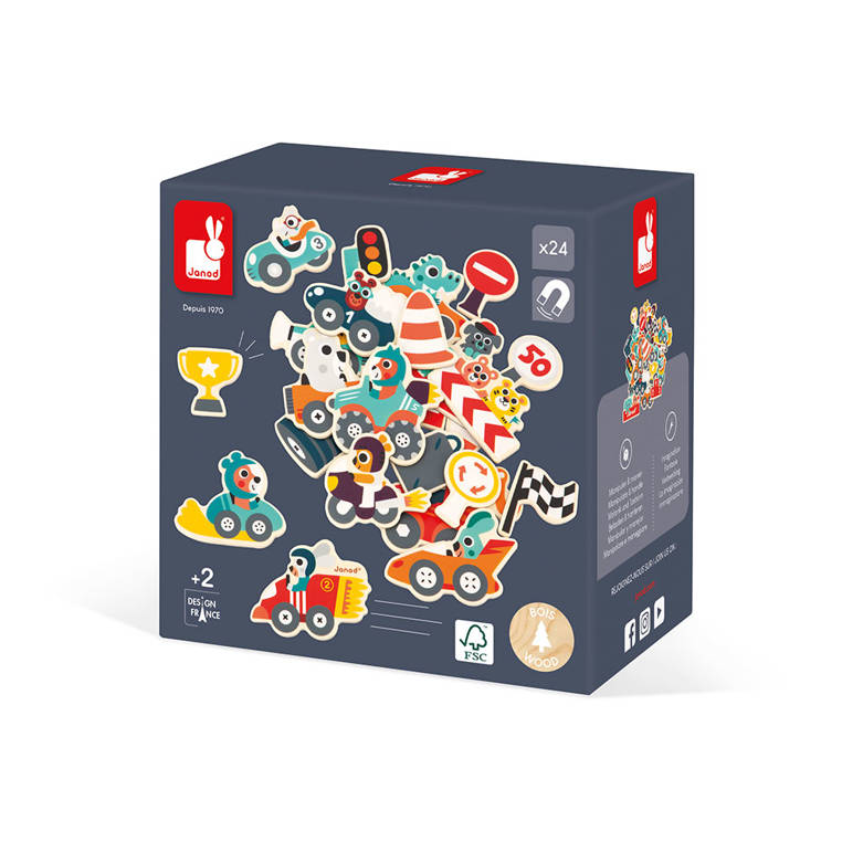 Janod Magnesy 24 szt Samochody Drewniane 2+