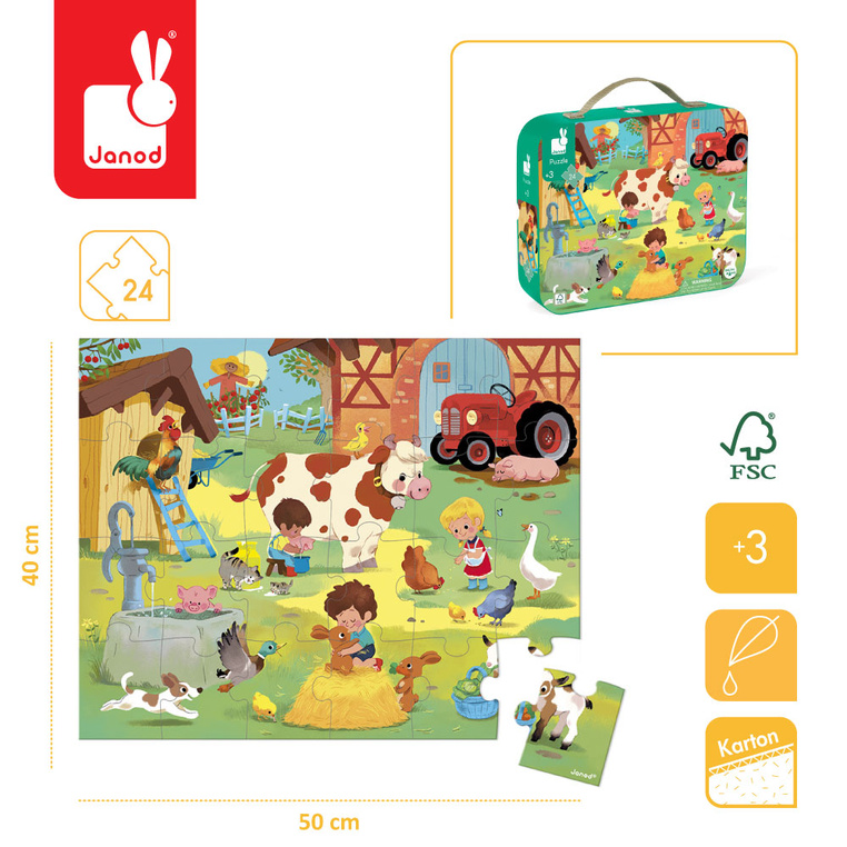 Janod Puzzle w walizce Dzień na farmie 24 elementy 3+