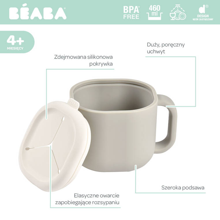 Beaba,  Silikonowy kubek niewysypek na przekąski Pick 'n' Snack velvet grey