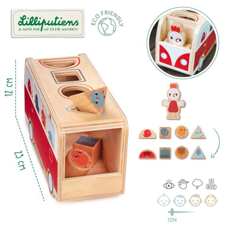 Lilliputiens Drewniany Autobus-Sorter z Kurczaczkami 12m+