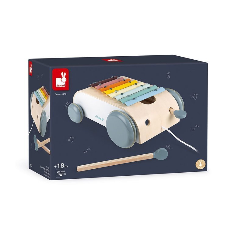 Janod, Wózek drewniany cymbałki do ciągnięcia 8 tonów Sweet Cocoon