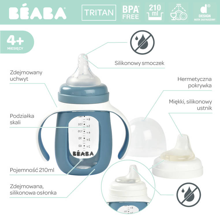 Beaba Szklana Butelka Treningowa 2w1 210 ml Windy blue 4m+