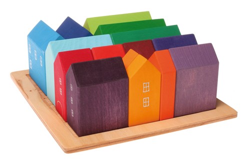 Grimm's Zestaw 15 Tęczowych Domków - Drewniane Klocki 1+