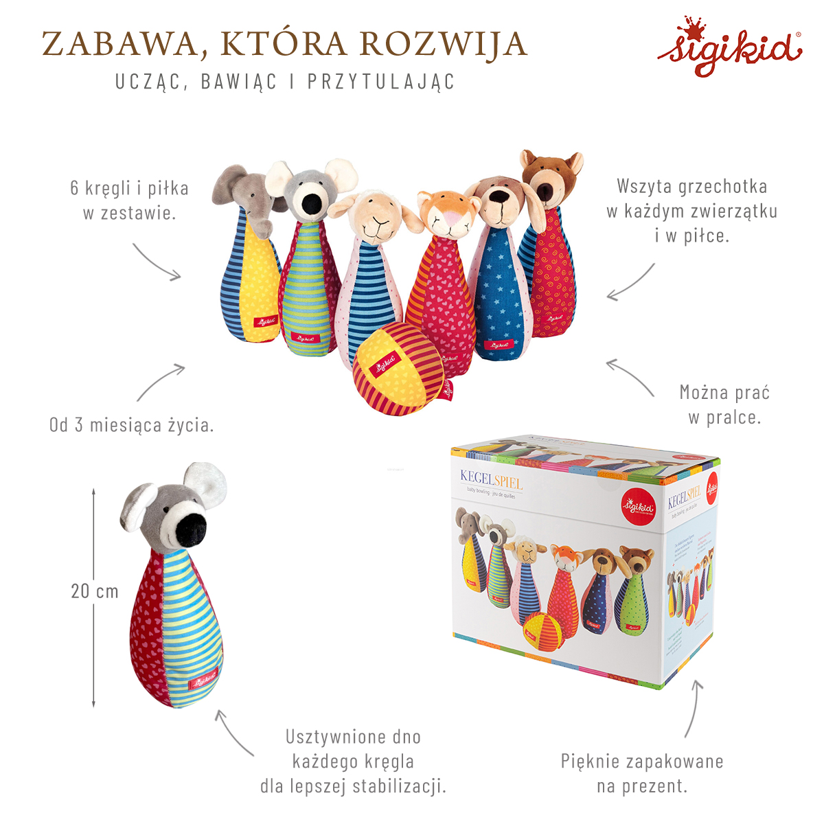 Zestaw miękkich kręgli dla dzieci – zabawka rozwojowa patchwork – sigikid