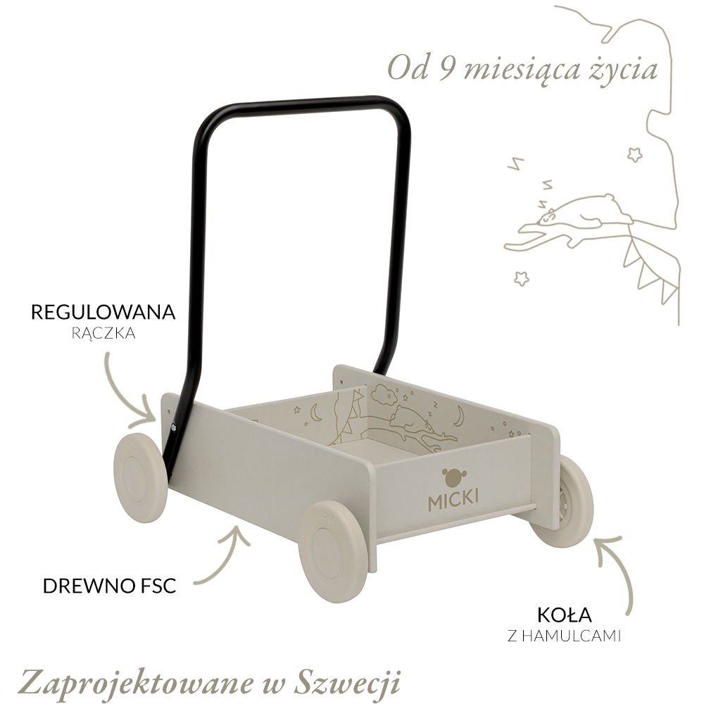 Beżowy drewniany chodzik pchacz, do nauki chodzenia, dla dzieci, zabawka Micki