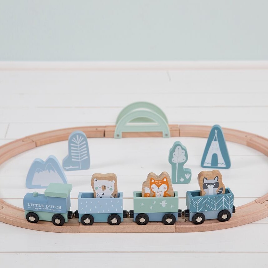 Little Dutch Pociąg z Torami Błękit - Drewniany 2+