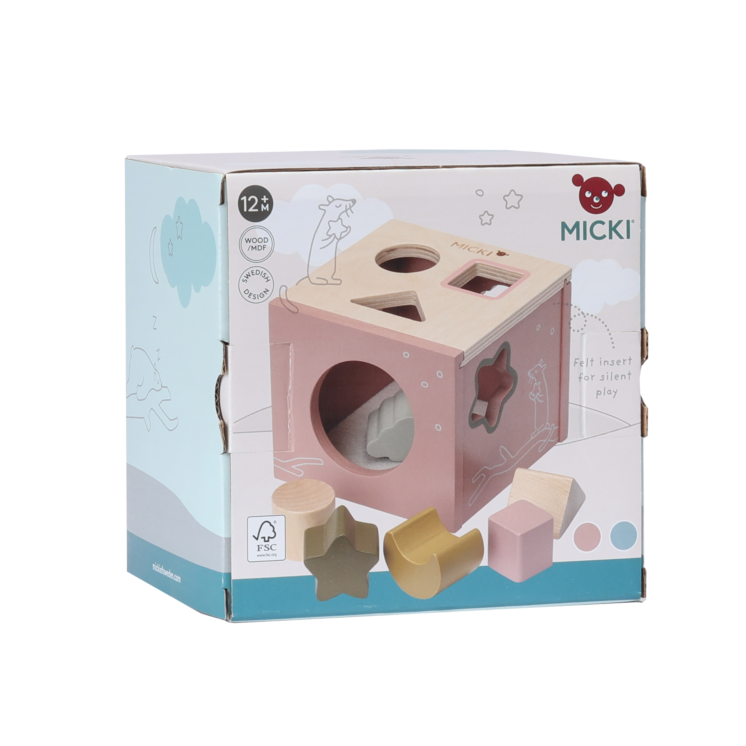 Drewniany sorter kształtów różowy, zabawka edukacyjna dla dzieci, Micki